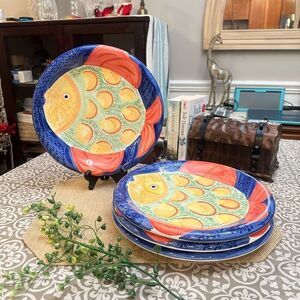 Bella‎ Ceramica Gone Fishing Orange Blue Fish 10.5” Set of 4 Dinner Plates NEW